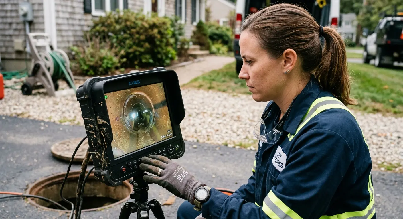 Technician reviewing sewer camera inspection footage in Newcastle