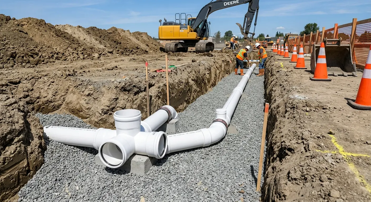 New PVC sewer pipe installation in open trench for Sewer Backup in Newcastle