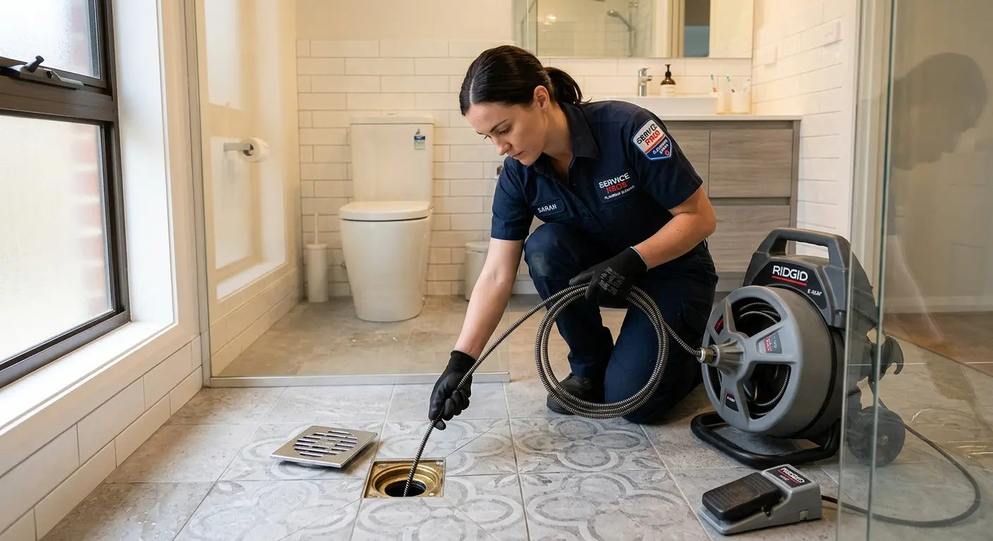 Technician clearing a bathroom floor drain for Drain Cleaning in Newcastle